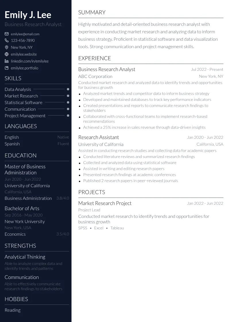 Business Research Analyst resume example