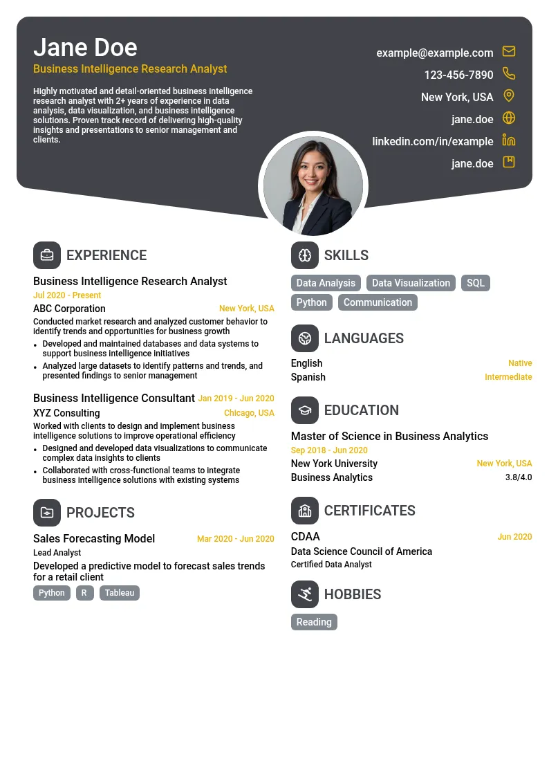 Business Intelligence Research Analyst resume example