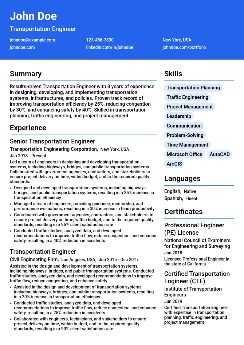 Transportation Engineer resume example