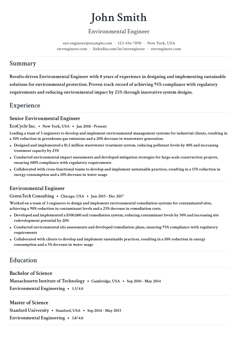 Environmental Engineer resume example