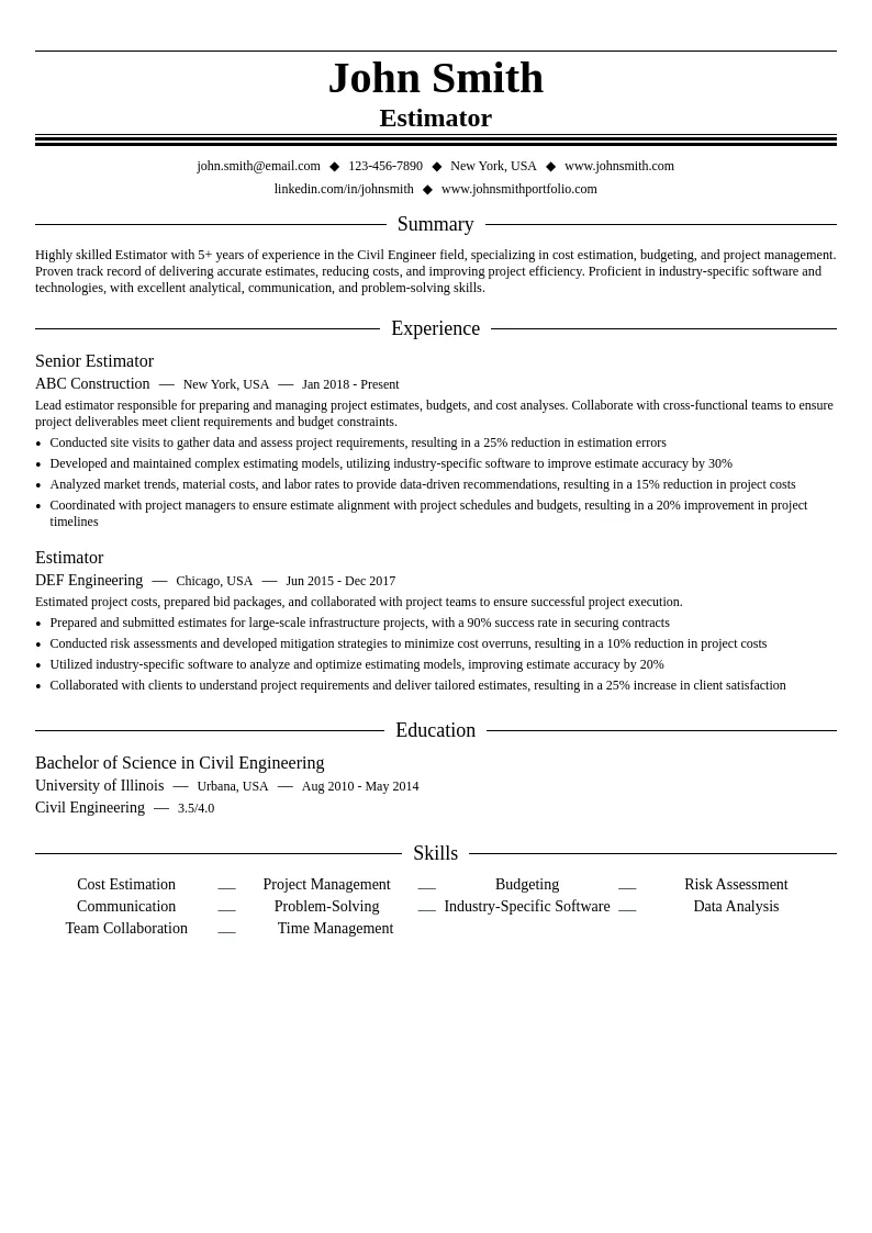 Estimator resume example