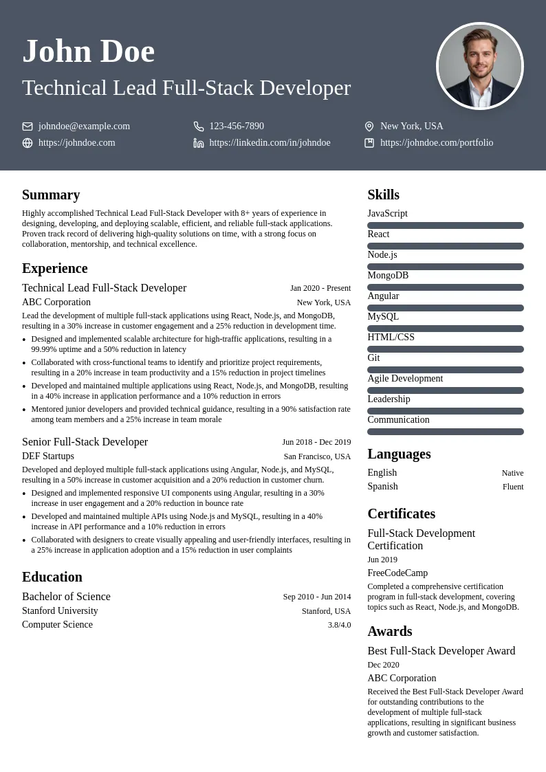 Technical Lead Full-Stack Developer resume example