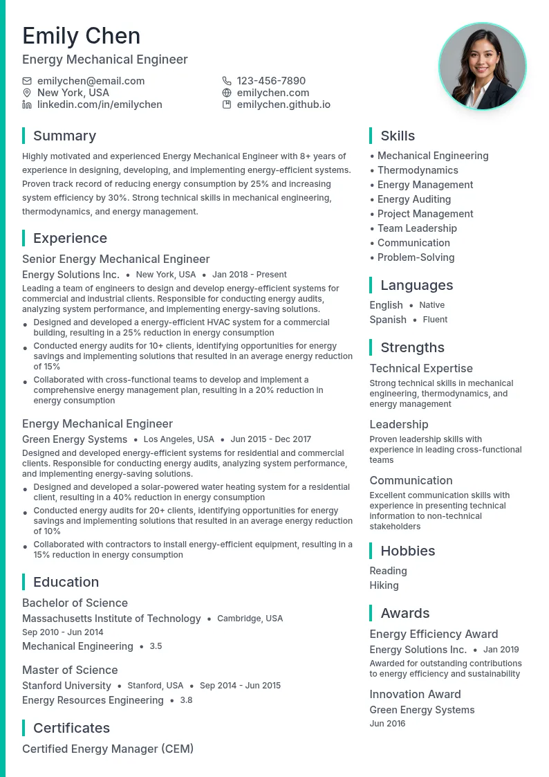 Energy Mechanical Engineer resume example