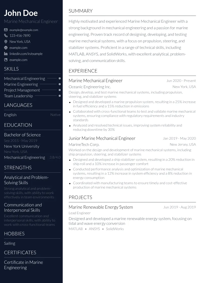 Marine Mechanical Engineer resume example