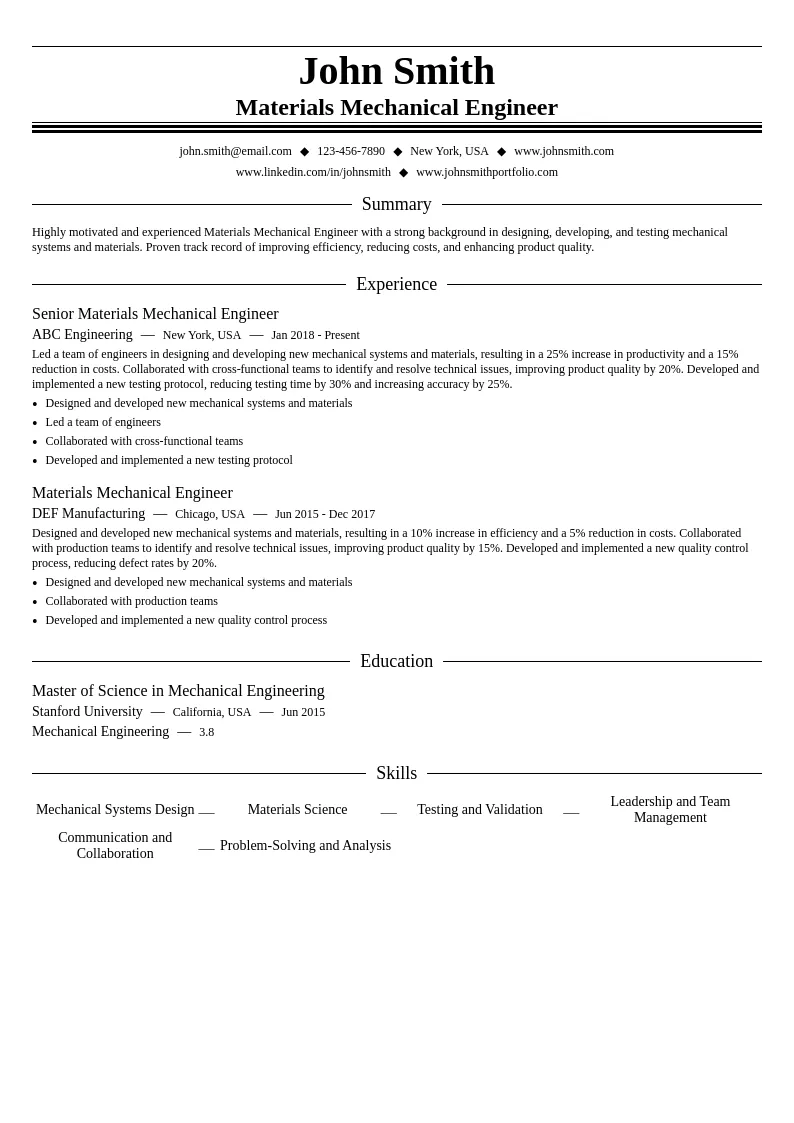 Materials Mechanical Engineer resume example
