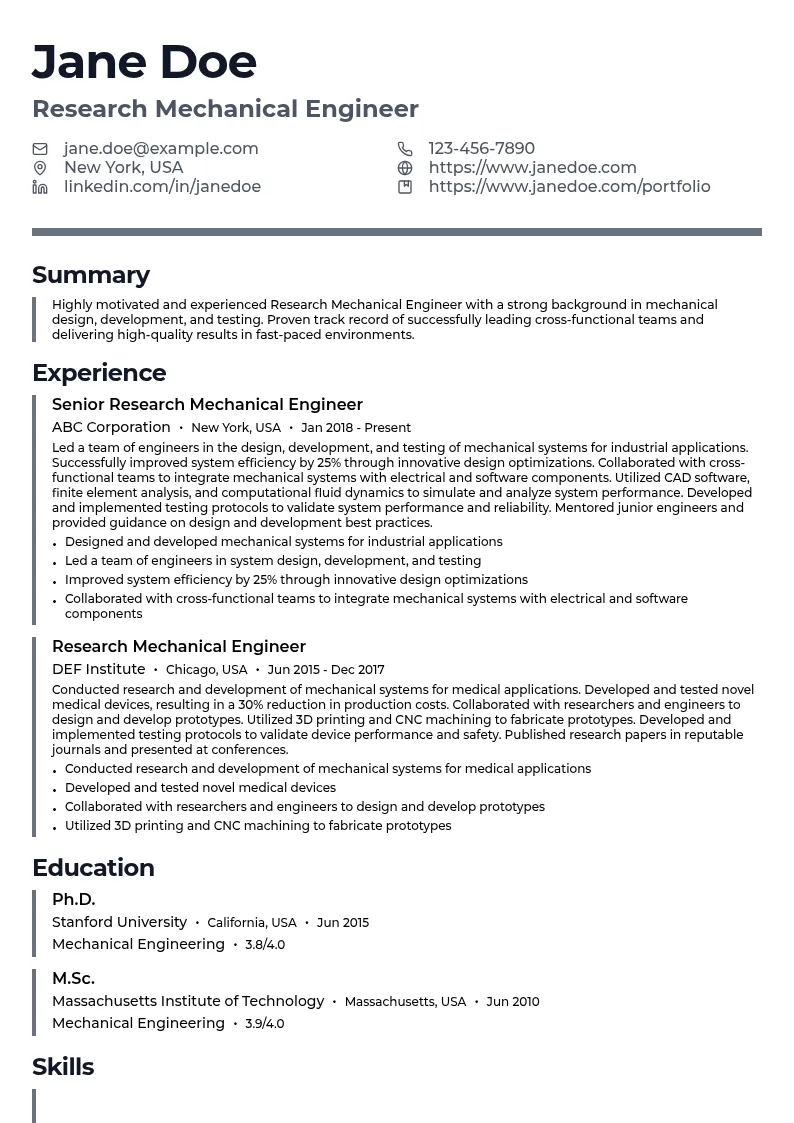 Research Mechanical Engineer resume example