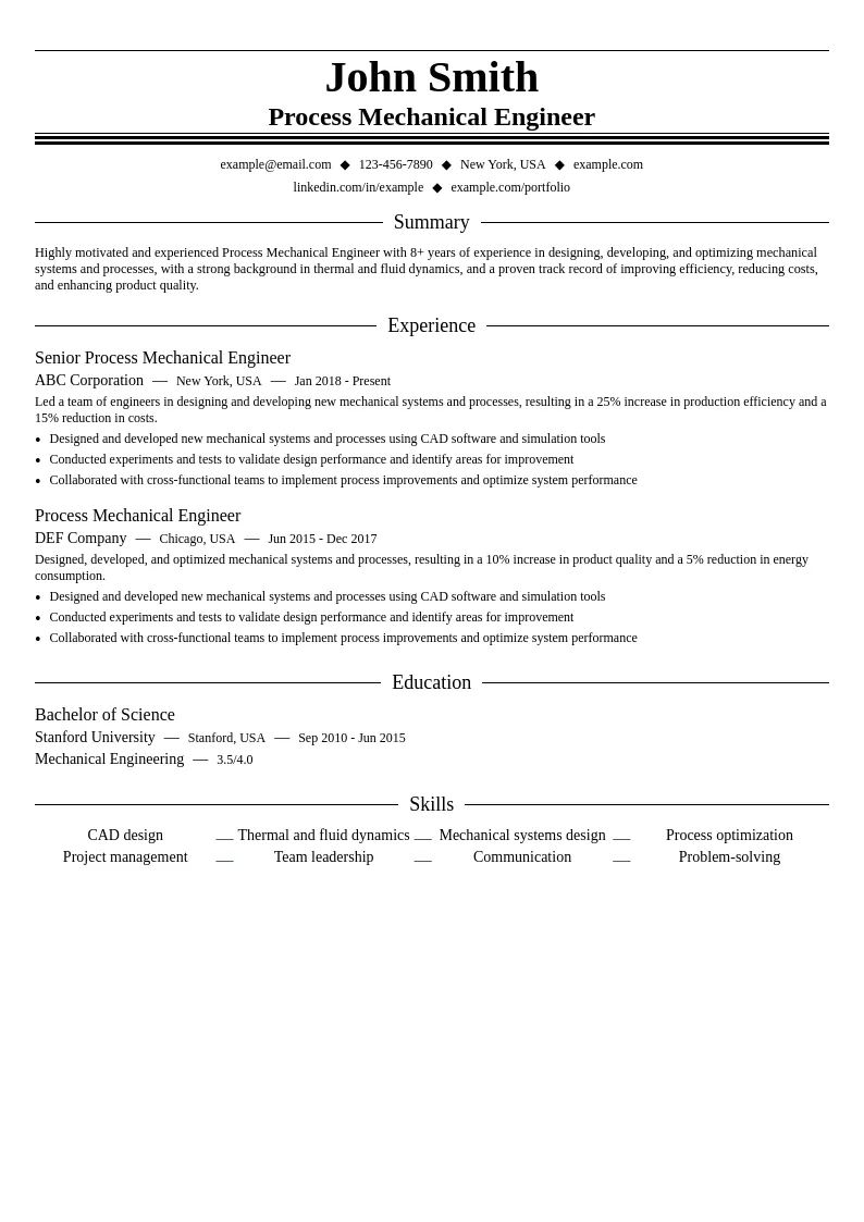 Process Mechanical Engineer resume example