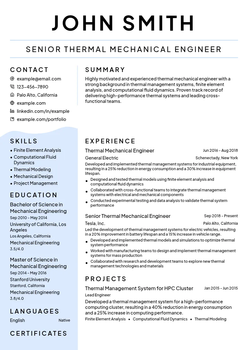 Thermal Mechanical Engineer resume example