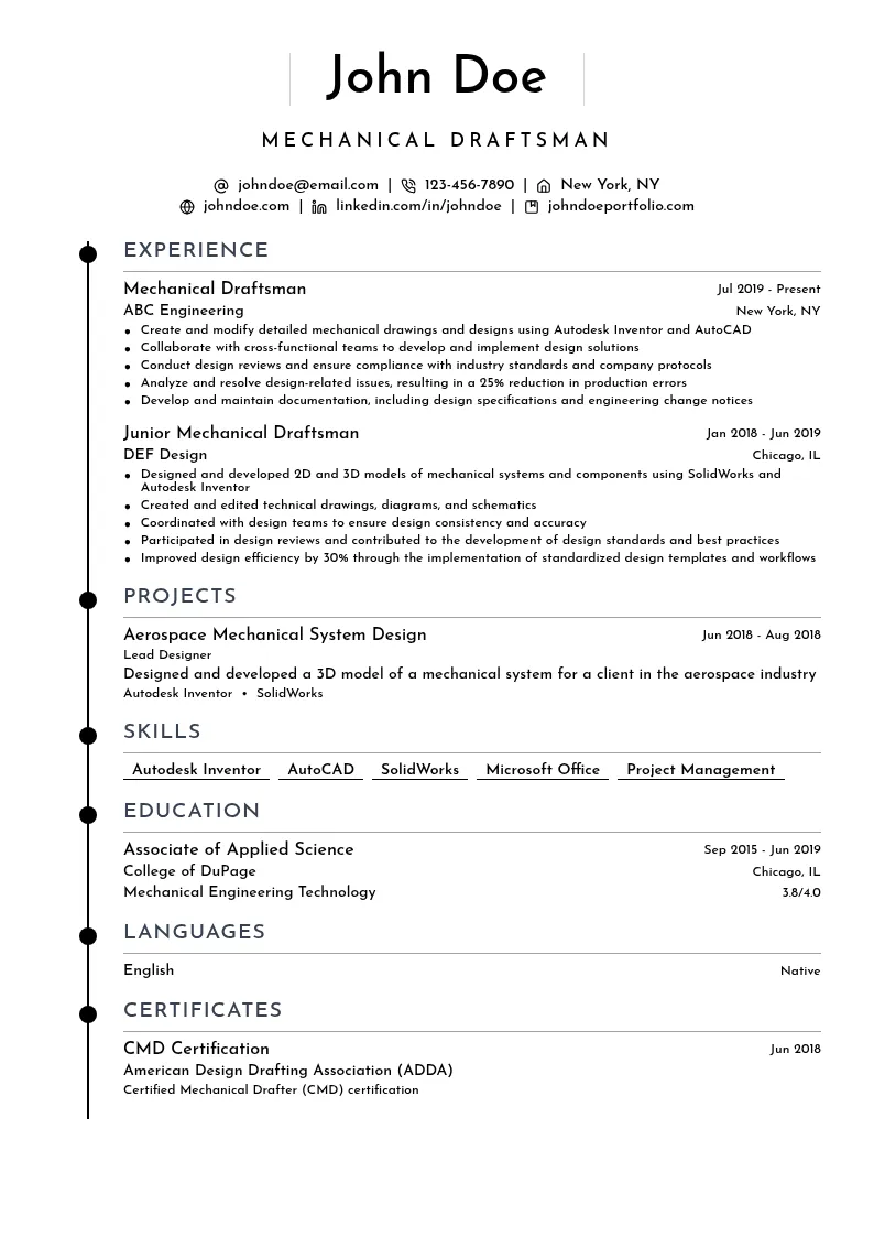 Mechanical Draftsman resume example