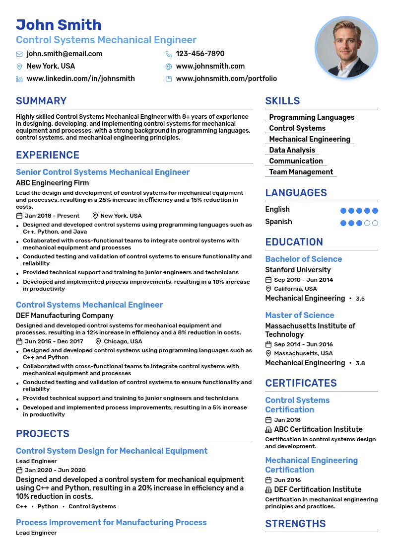 Control Systems Mechanical Engineer resume example