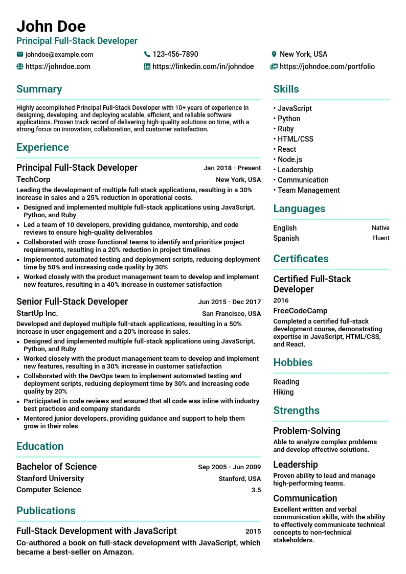 Principal Full-Stack Developer resume example
