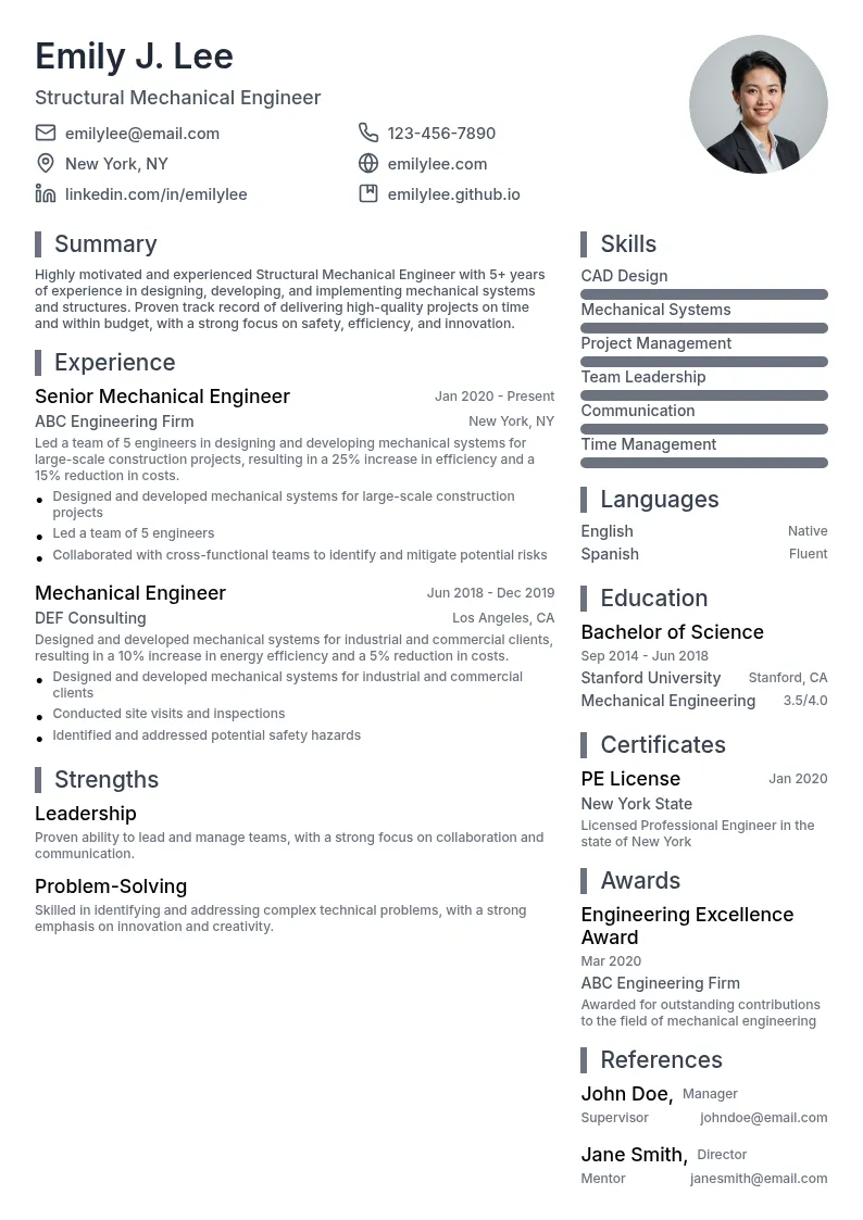 Structural Mechanical Engineer resume example