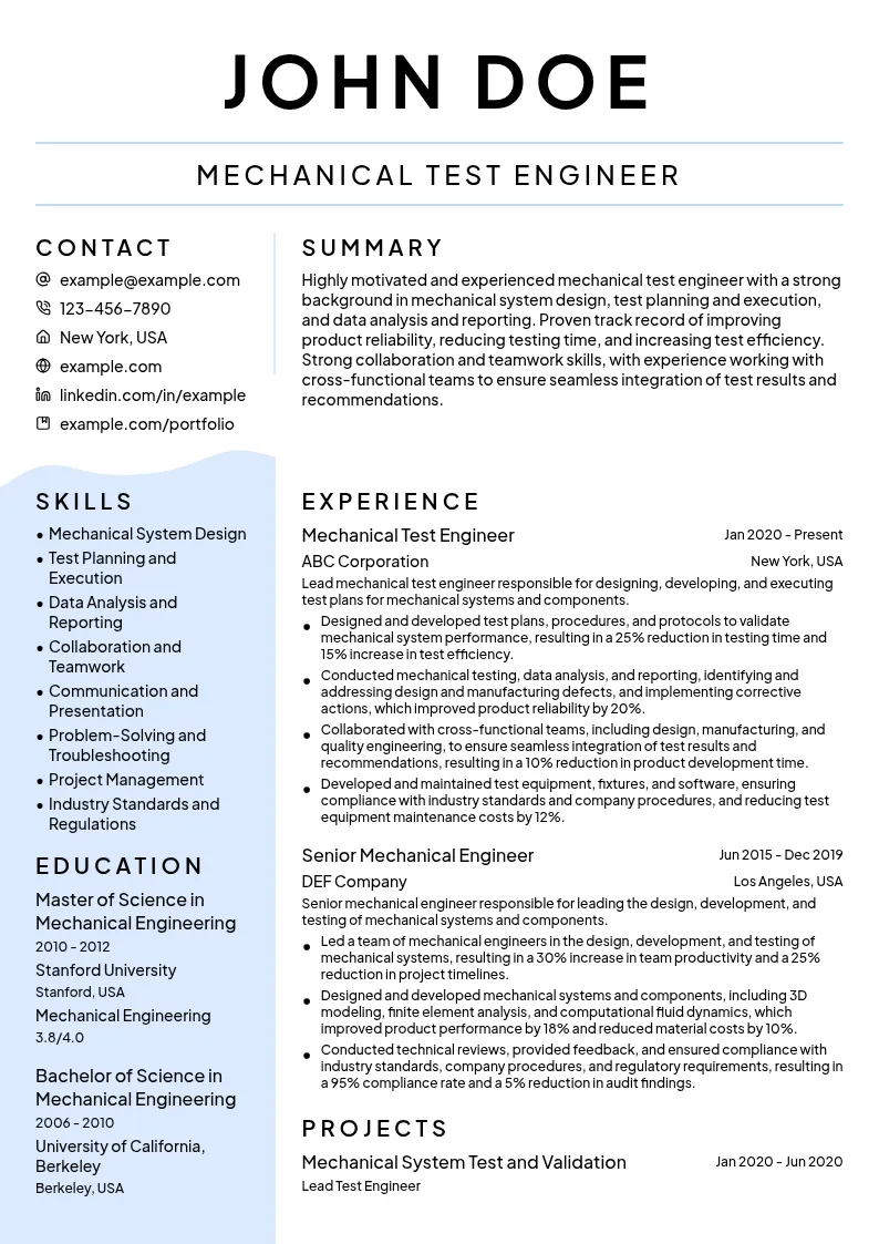 Mechanical Test Engineer resume example