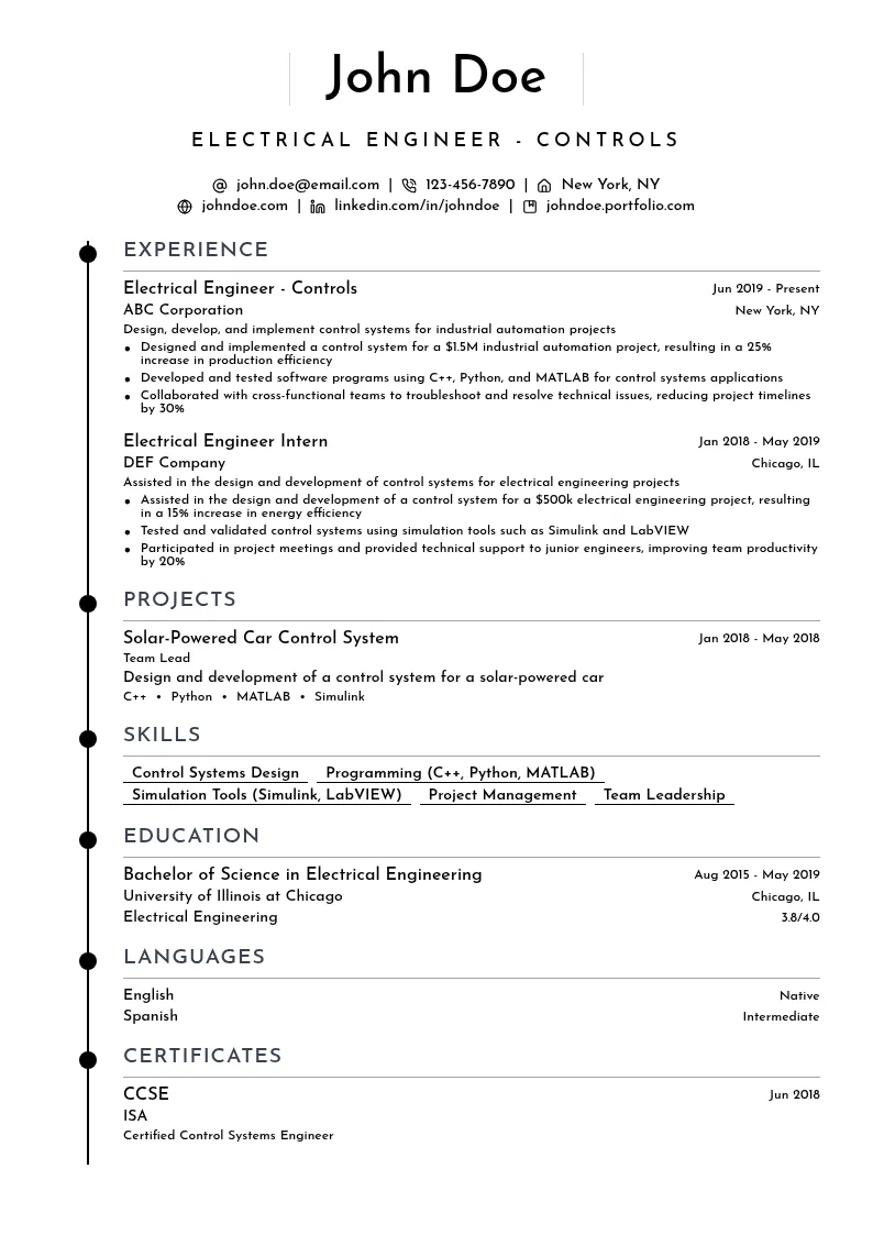 Electrical Engineer - Controls resume example