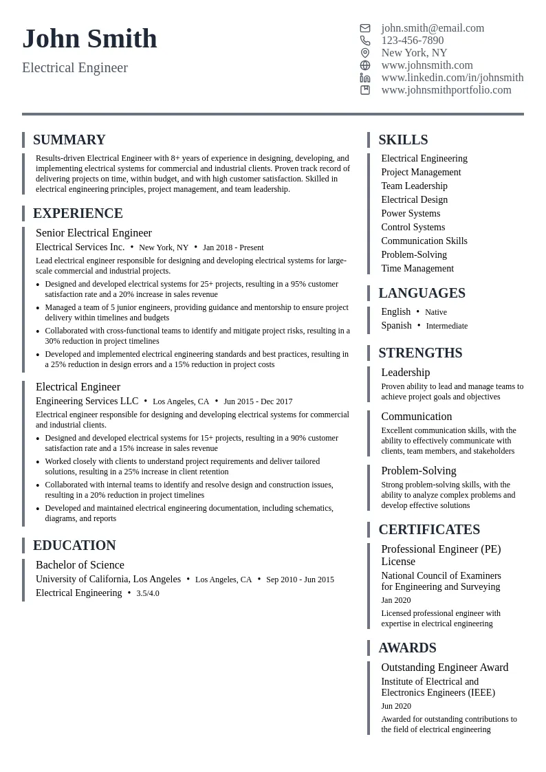 Electrical Engineer - Services resume example