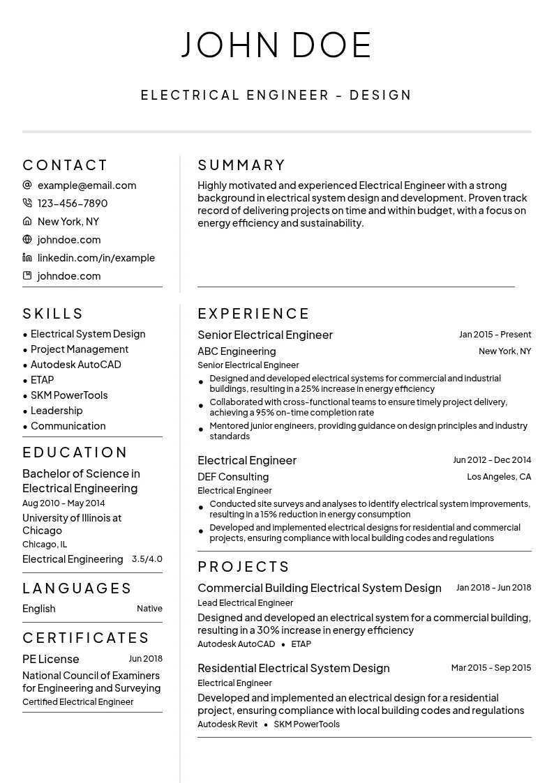 Electrical Engineer - Design resume example