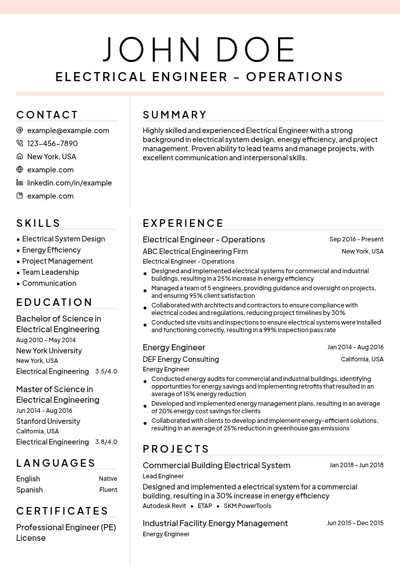 Electrical Engineer - Operations resume example