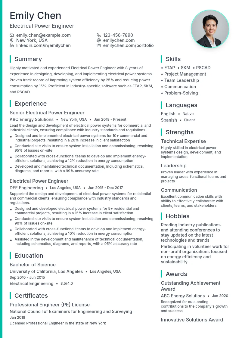 Electrical Power Engineer resume example