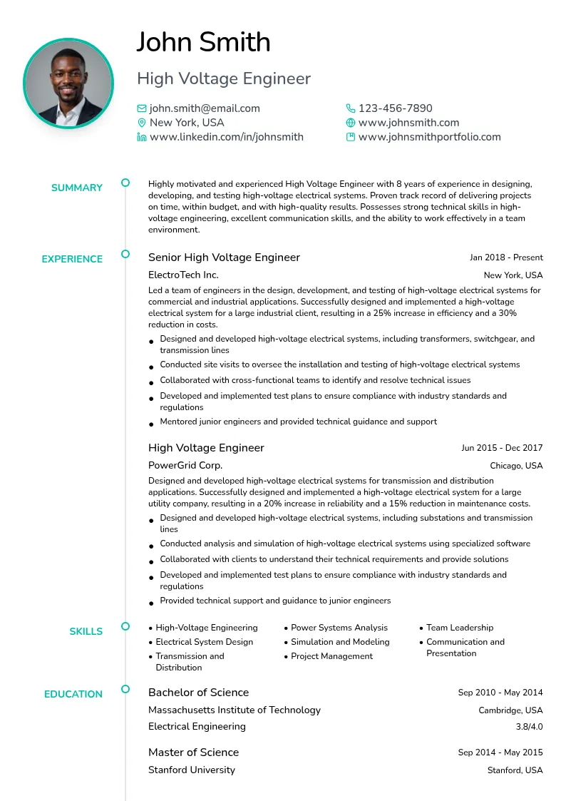 High Voltage Engineer resume example