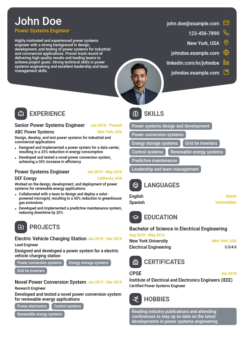 Power Systems Engineer resume example