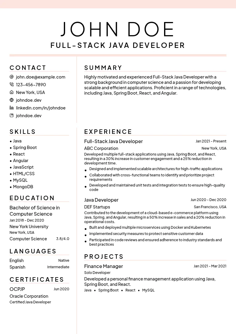 Full-Stack Java Developer resume example