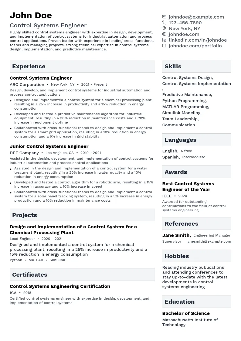 Control Systems Engineer resume example