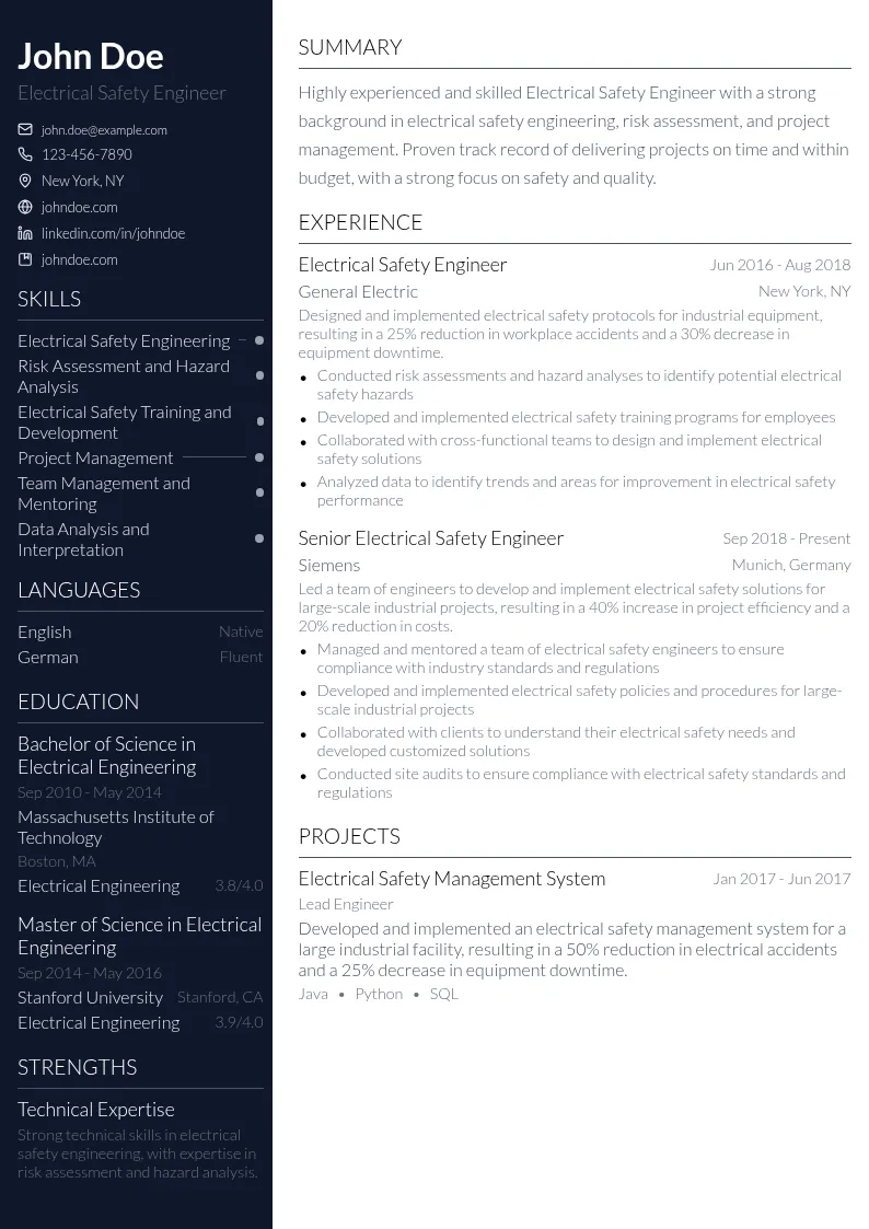 Electrical Safety Engineer resume example