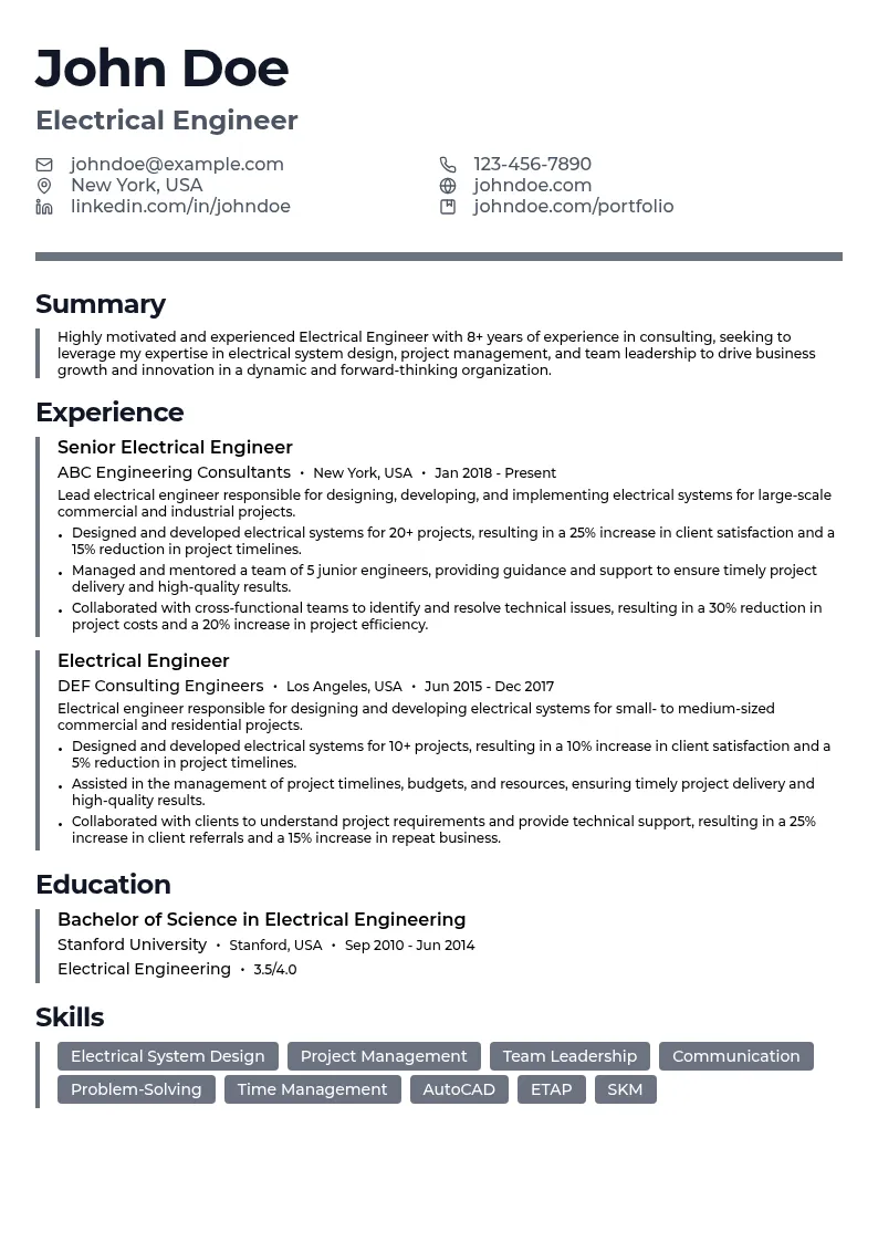 Electrical Engineer - Consulting resume example