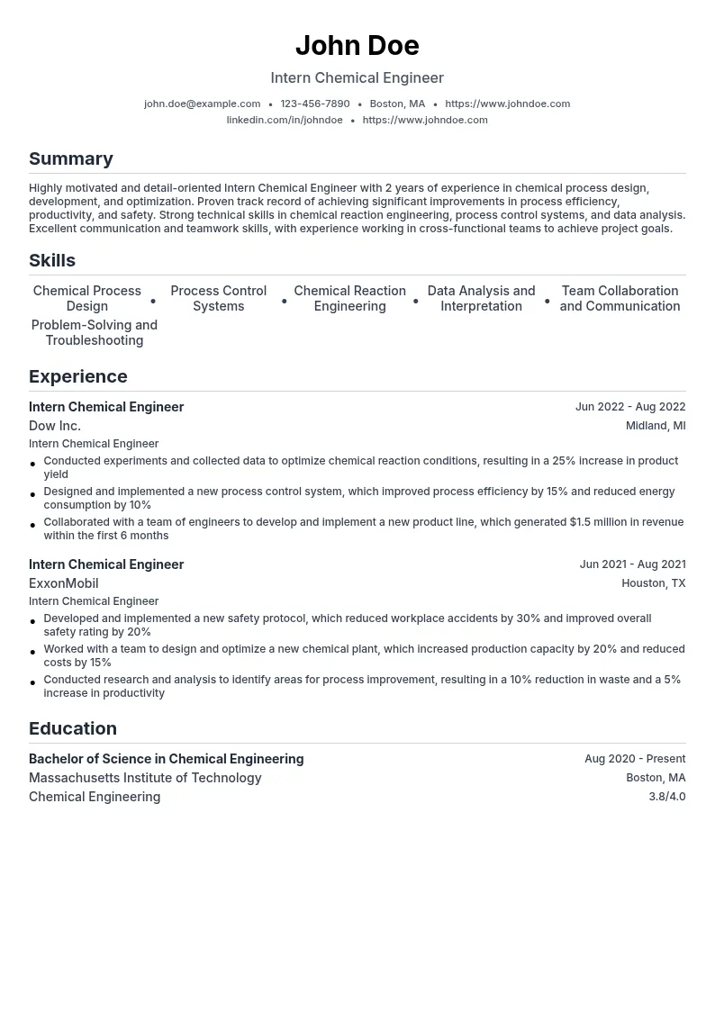 Intern Chemical Engineer resume example