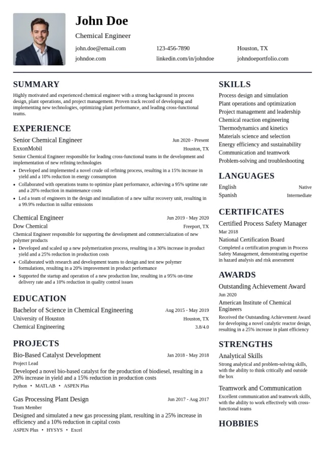 Chemical Engineer resume example