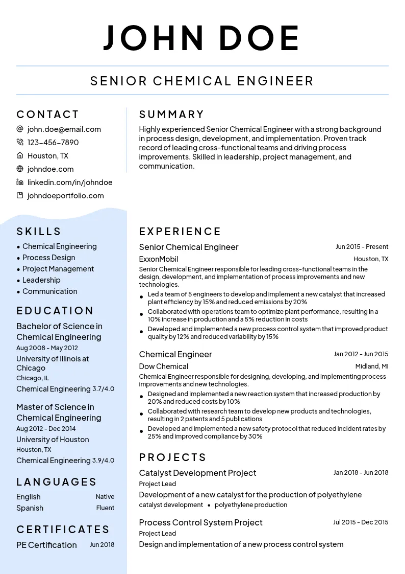 Senior Chemical Engineer resume example