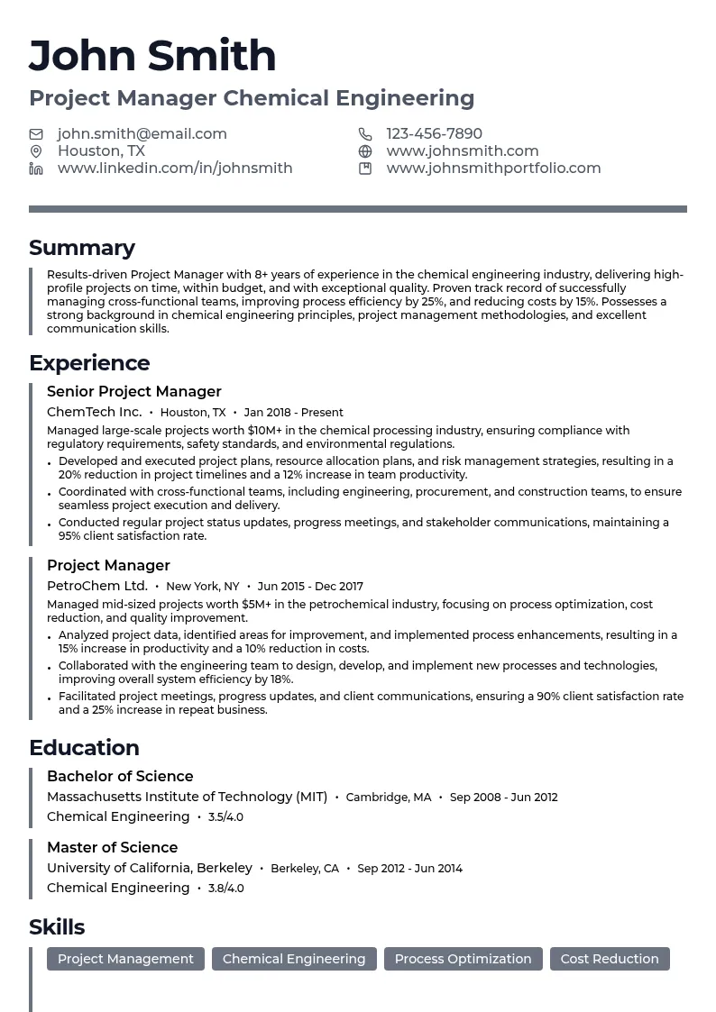 Project Manager Chemical Engineering resume example