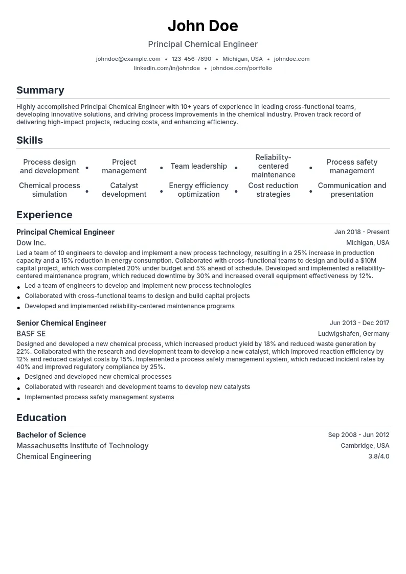Principal Chemical Engineer resume example