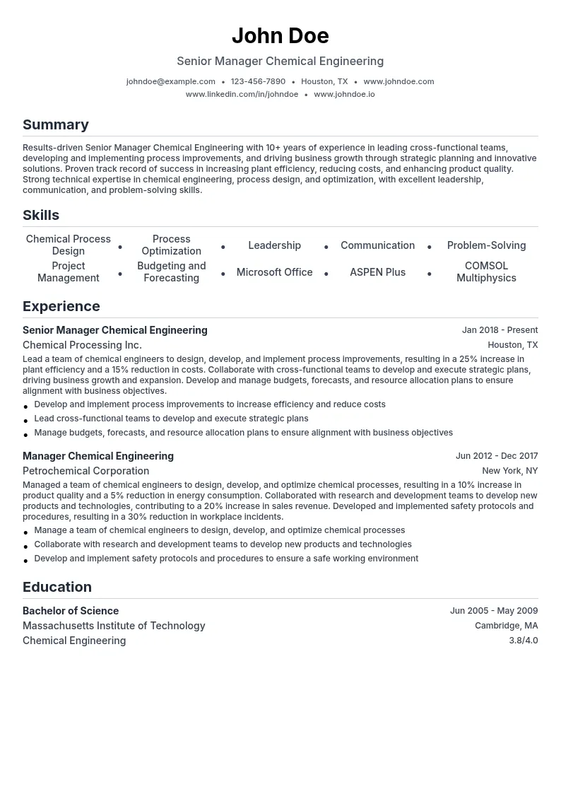 Senior Manager Chemical Engineering resume example