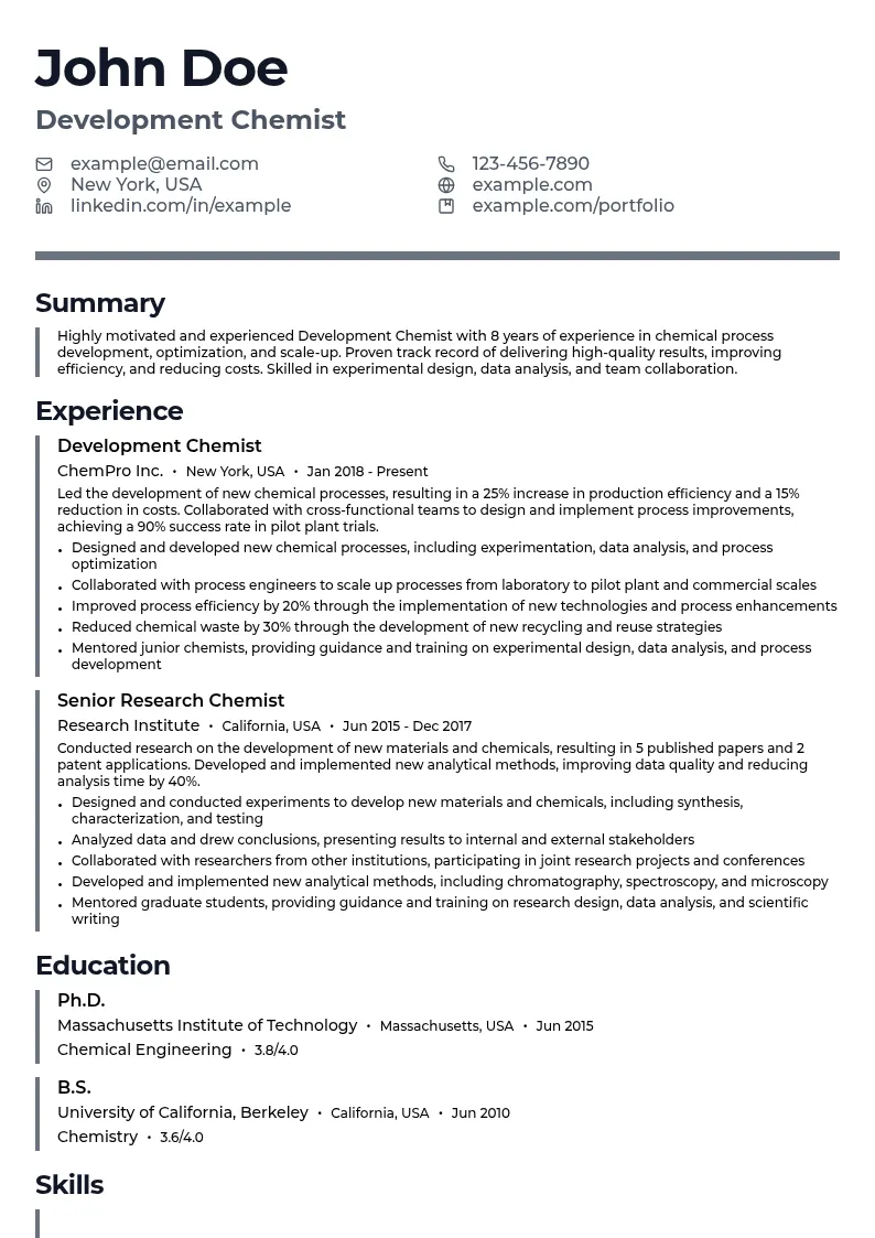 Development Chemist resume example