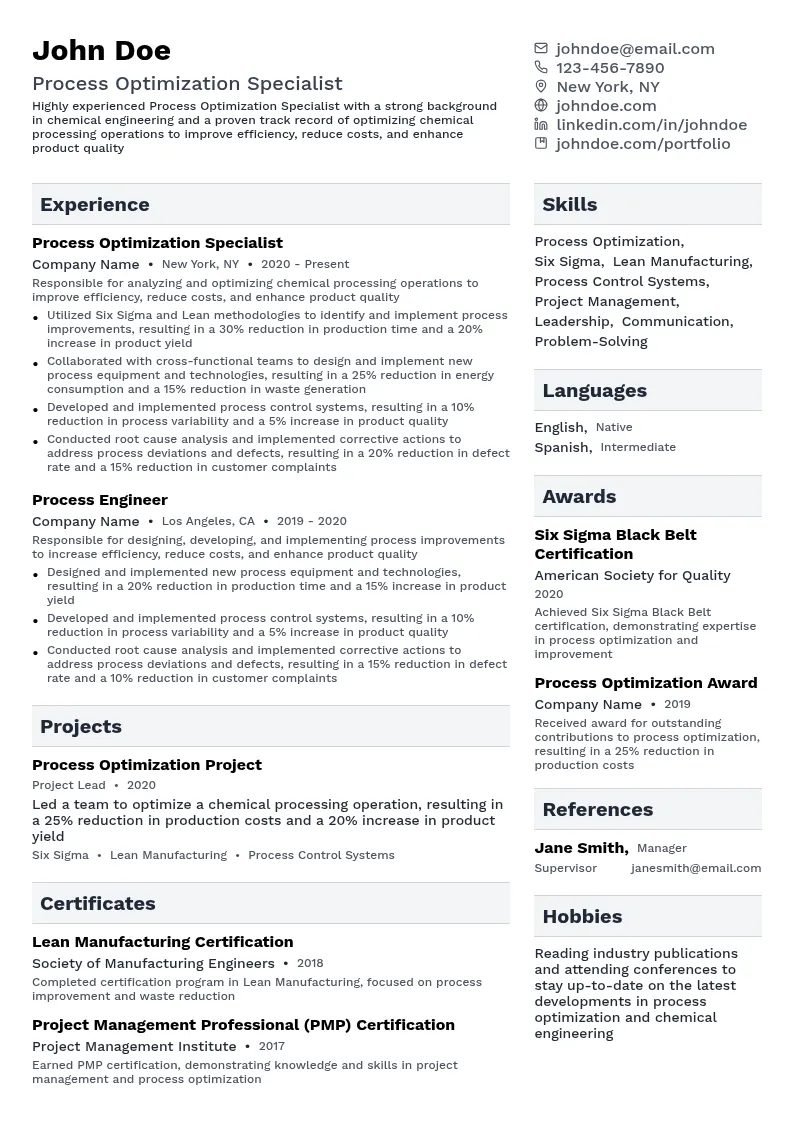 Process Optimization Specialist resume example