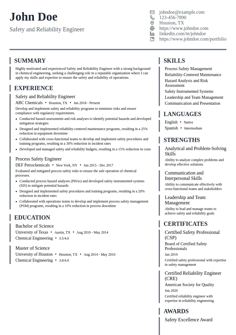 Safety and Reliability Engineer resume example