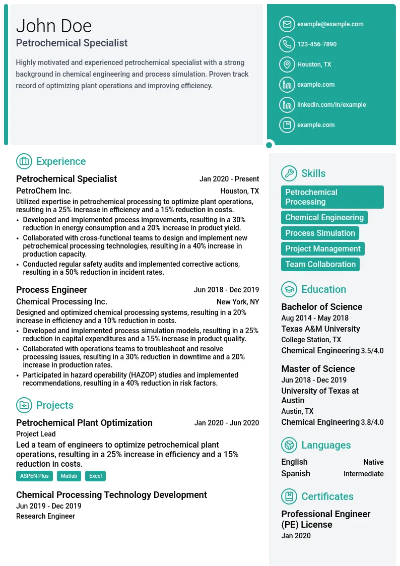 Petrochemical Specialist resume example