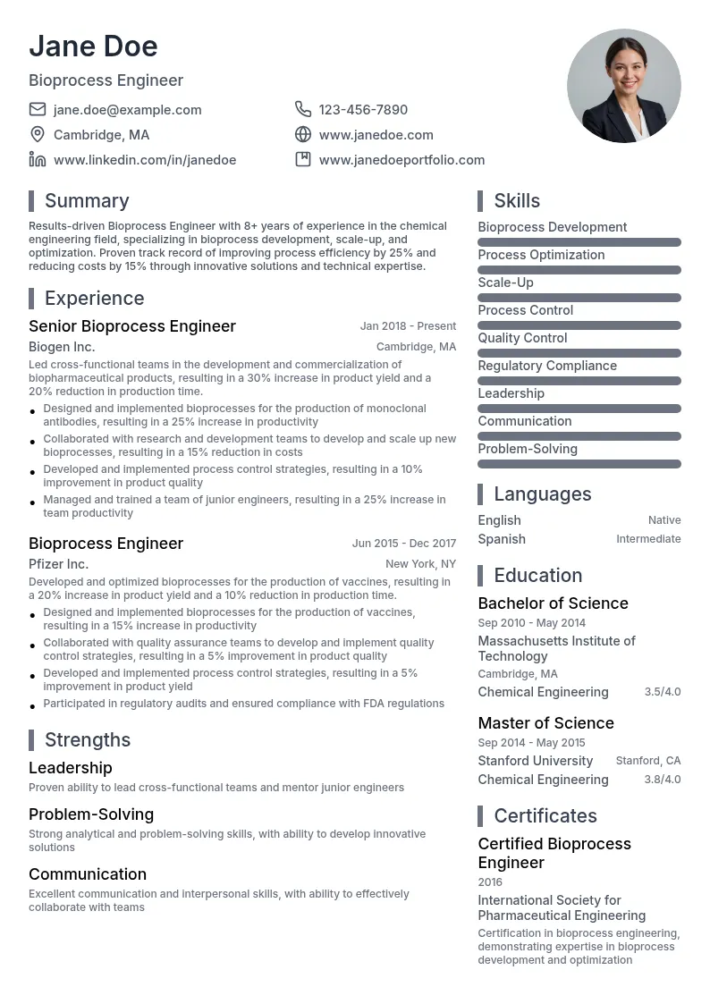 Bioprocess Engineer resume example