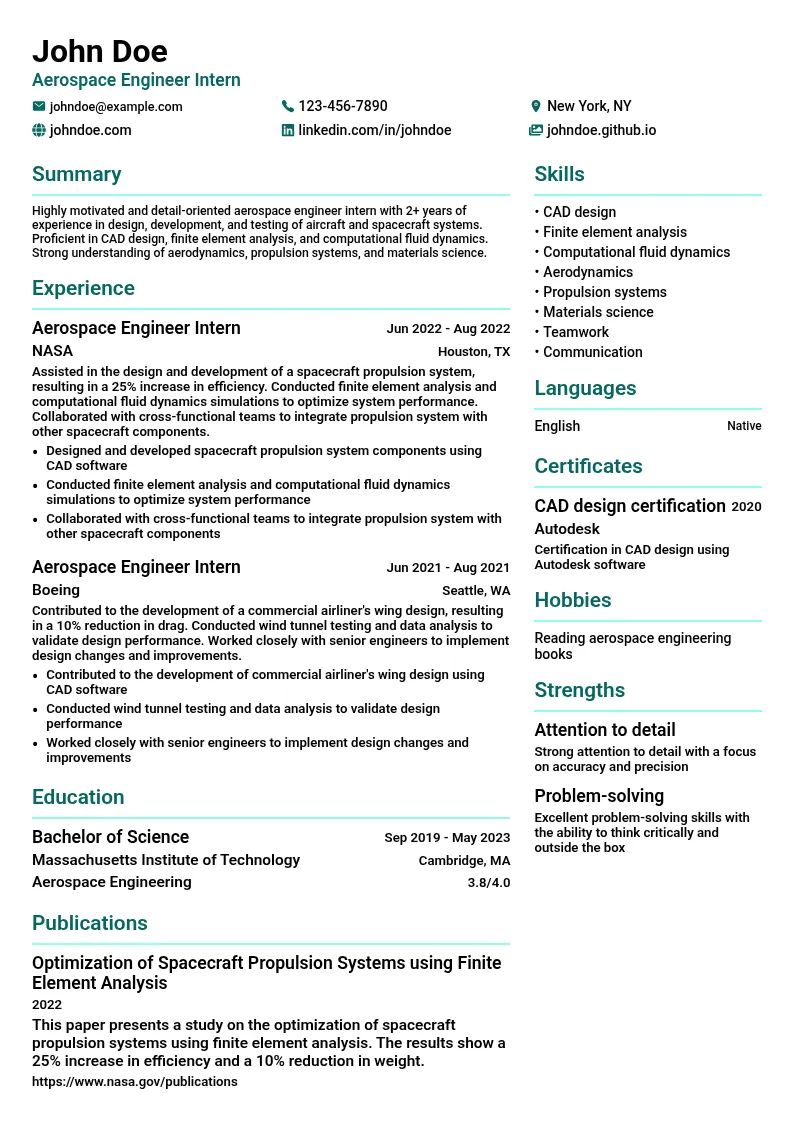 Aerospace Engineer Intern resume example
