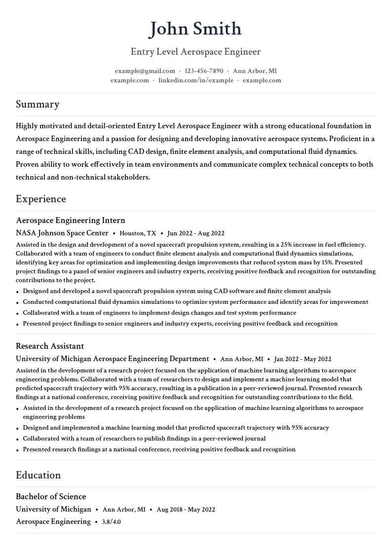 Entry Level Aerospace Engineer resume example