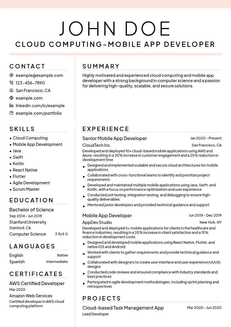 Cloud Computing-Mobile App Developer resume example
