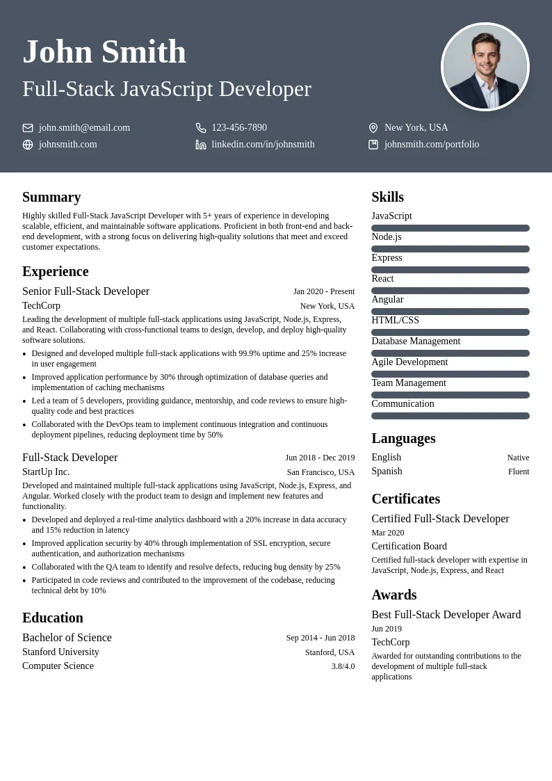 Full-Stack JavaScript Developer resume example