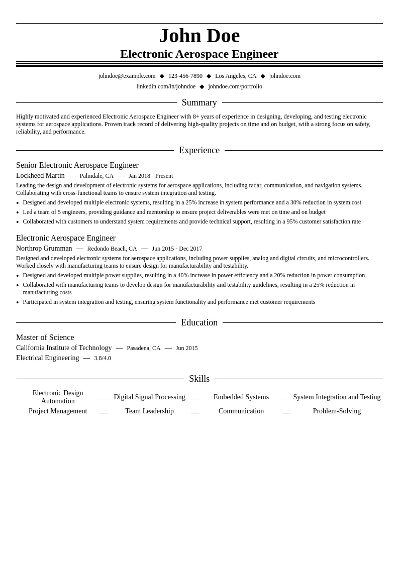 Electronic Aerospace Engineer resume example