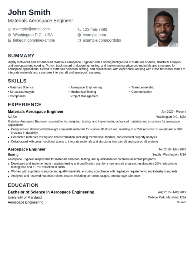 Materials Aerospace Engineer resume example
