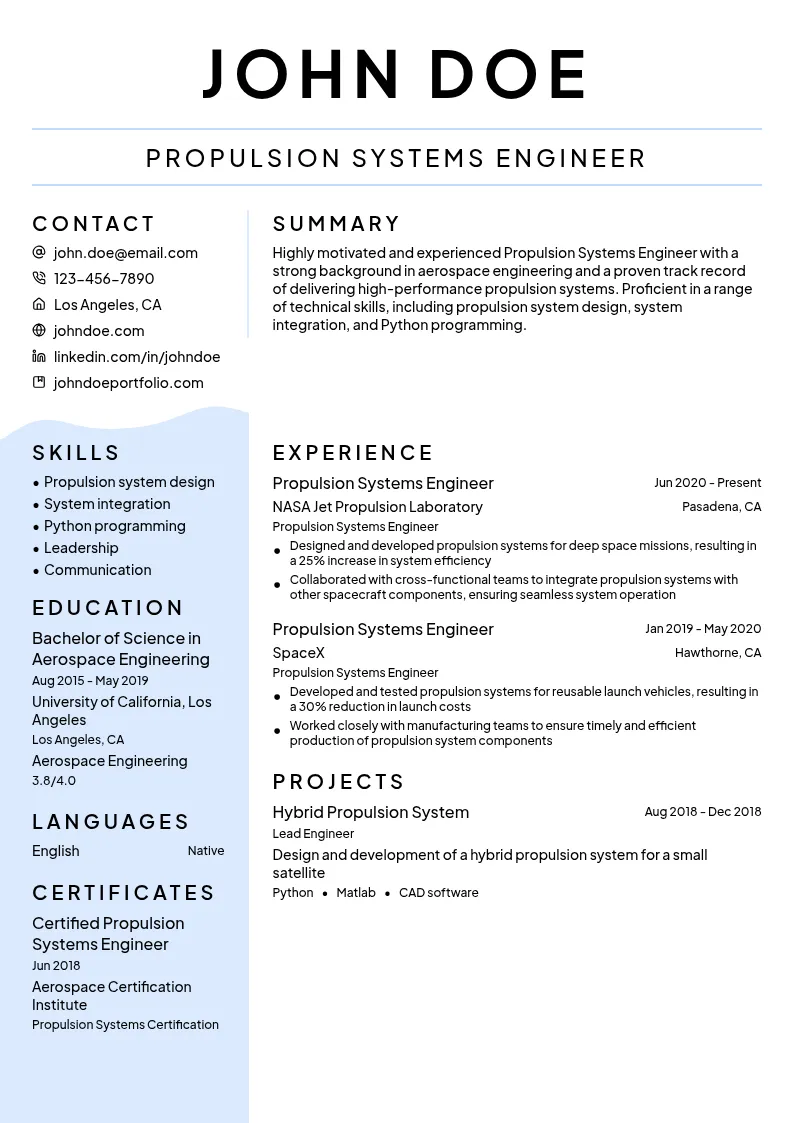 Propulsion Systems Engineer resume example