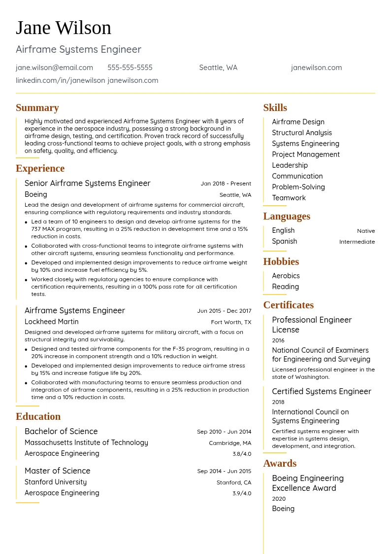 Airframe Systems Engineer resume example