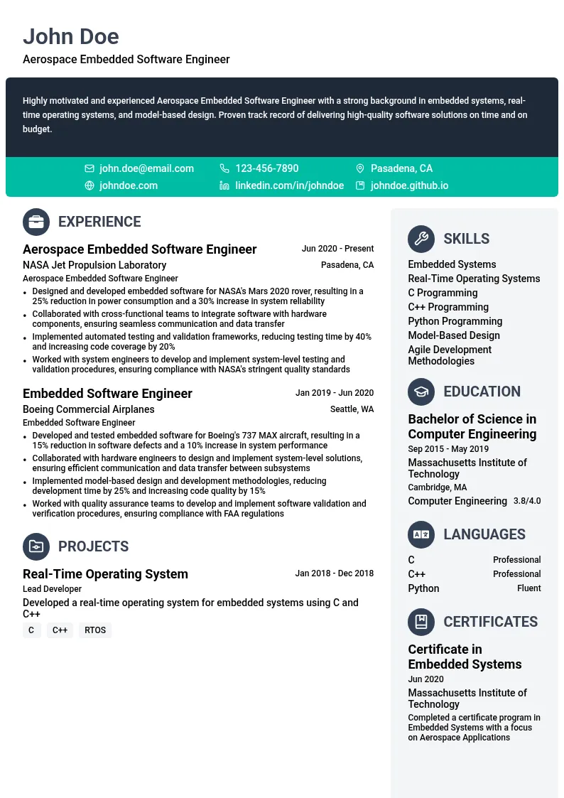 Aerospace Embedded Software Engineer resume example