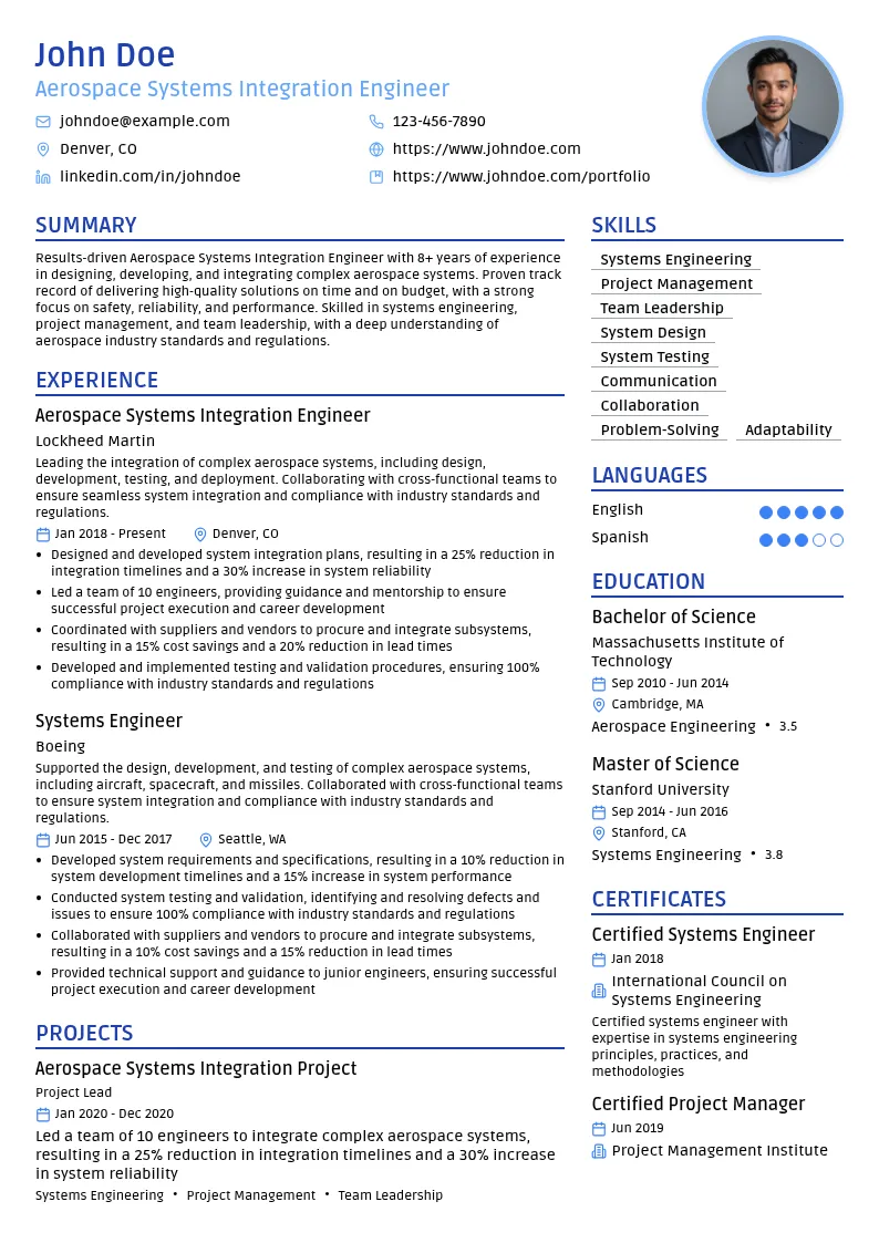 Aerospace Systems Integration Engineer resume example