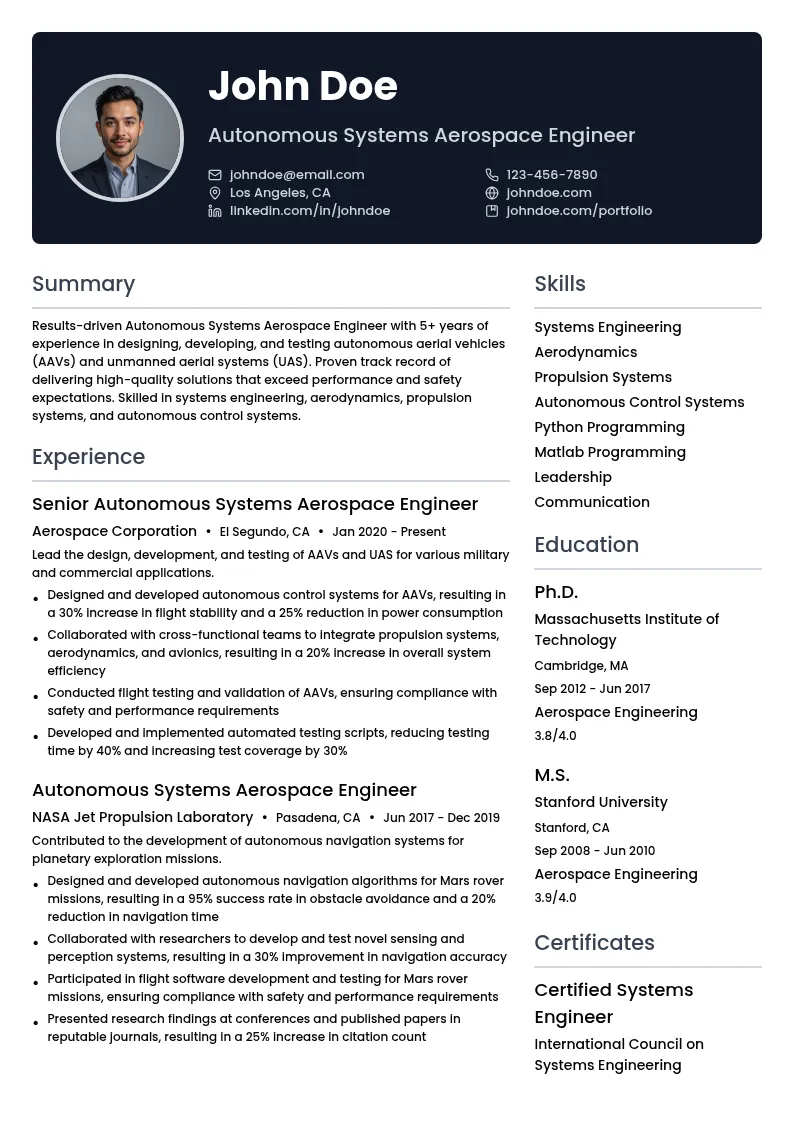 Autonomous Systems Aerospace Engineer resume example